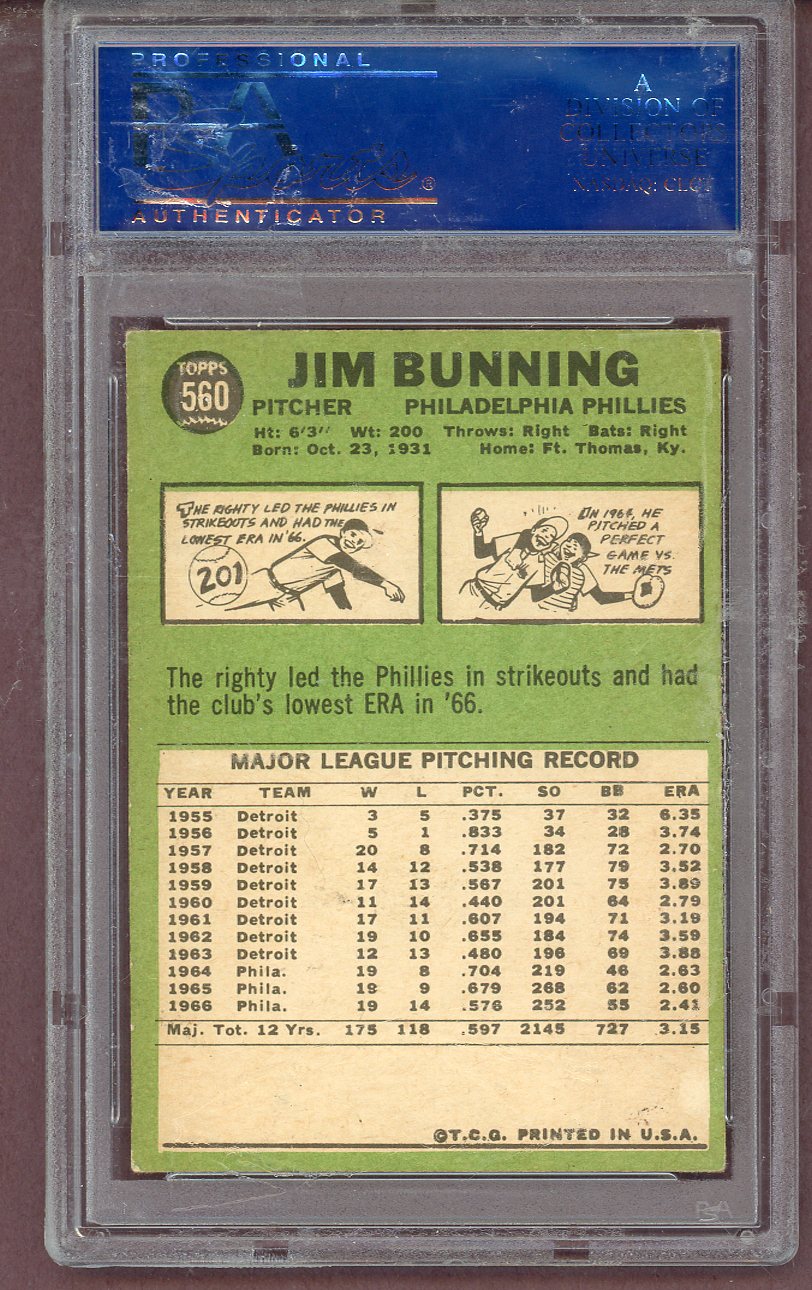 1967 Topps Baseball #560 Jim Bunning Phillies PSA 4 VG-EX 563801