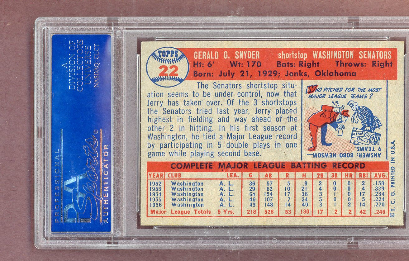 1957 Topps Baseball # 22 Jerry Snyder Senators PSA 8 NM/MT oc 563884
