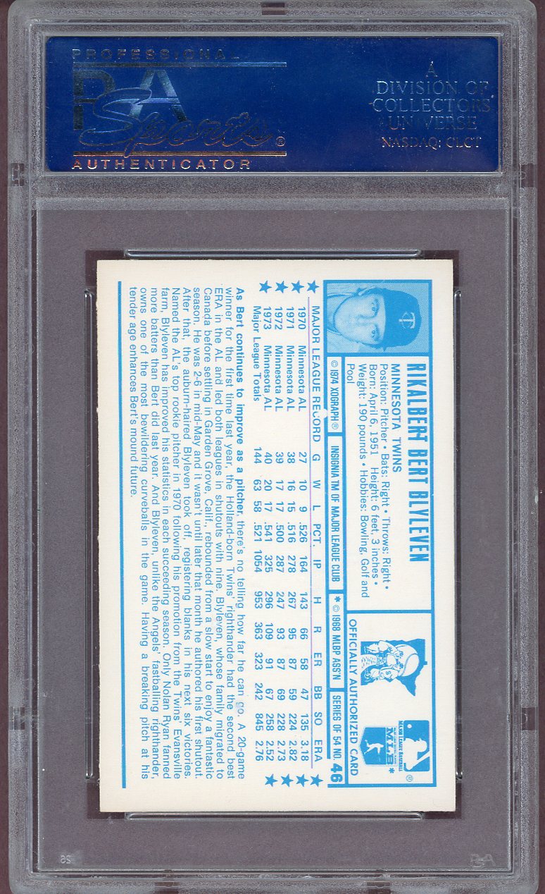 1974 KELLOGG'S #046 BERT BLYLEVEN TWINS PSA 10 GEM MT 563999