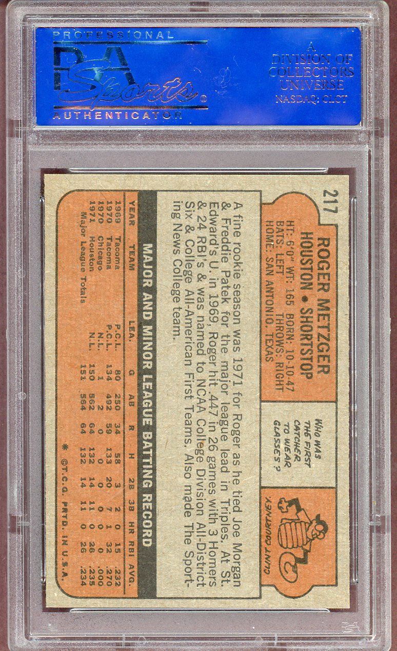 1972 TOPPS #217 ROGER METZGER ASTROS PSA 8 NM-MT 564004