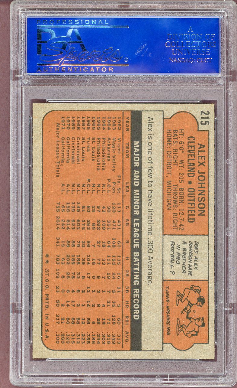 1972 TOPPS #215 ALEX JOHNSON INDIANS PSA 8 NM-MT 564055