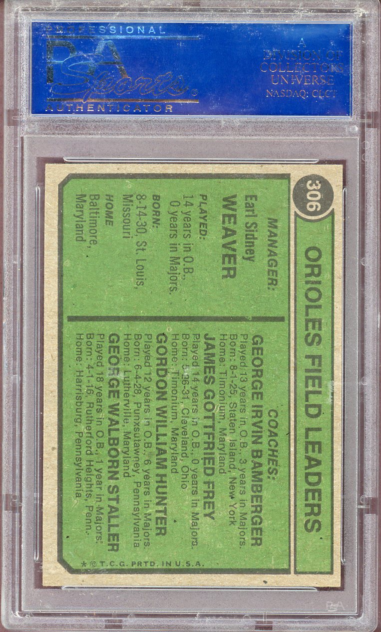 1974 TOPPS #306 ORIOLES MGR./COACHES PSA 8 NM-MT 564093