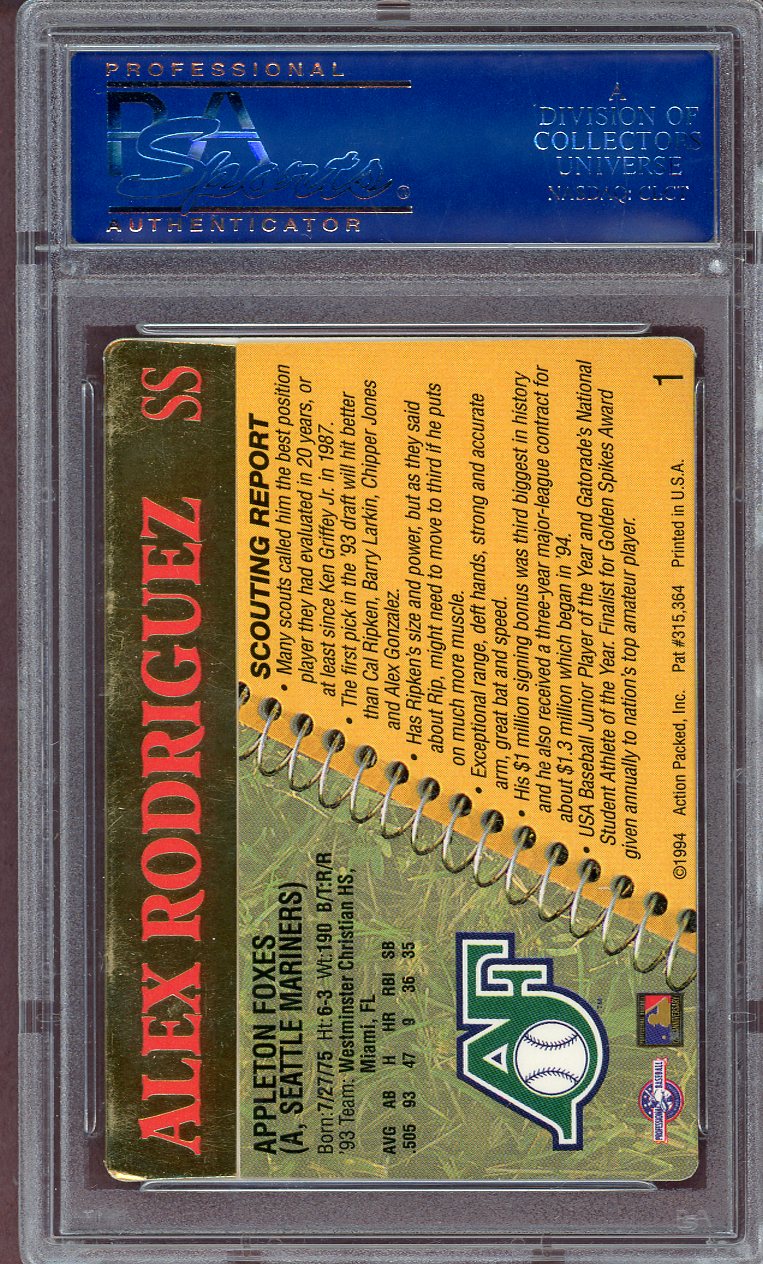 1994 ACTION PACKED #001 ALEX RODRIGUEZ SCOUTING REPORT PSA 7 NM 564099