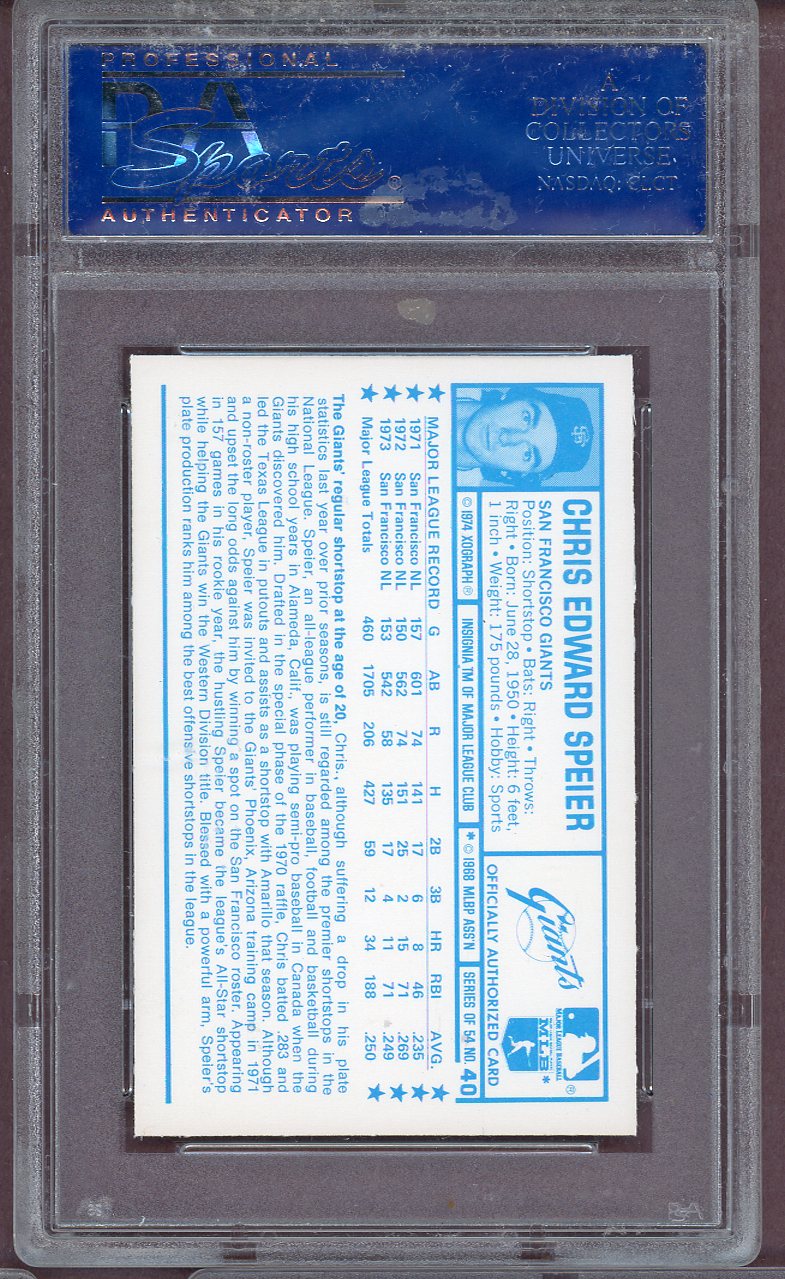 1974 Kelloggs Baseball #040 Chris Speier Giants PSA 10 GEM MINT 564134