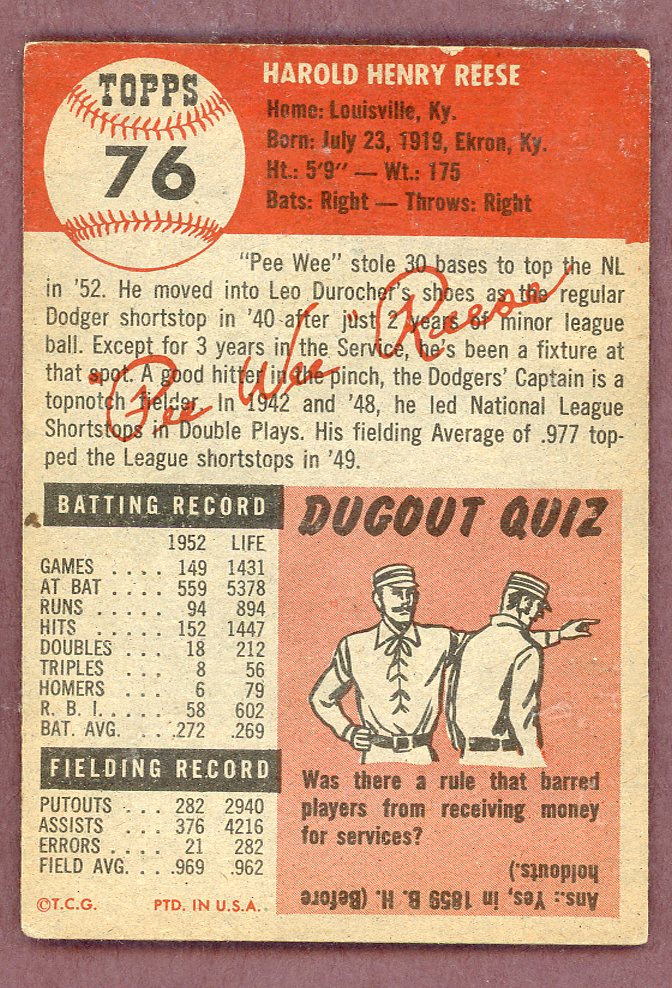 1953 Topps Baseball # 76 Pee Wee Reese Dodgers VG-EX 564230