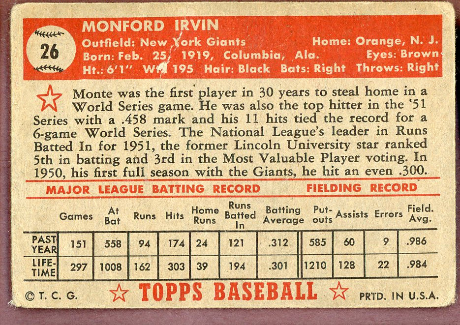 1952 Topps Baseball # 26 Monte Irvin Giants PR-FR Red 564323