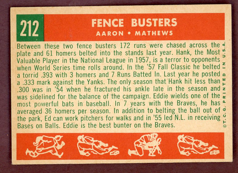 1959 Topps Baseball #212 Hank Aaron Eddie Mathews EX-MT 564435