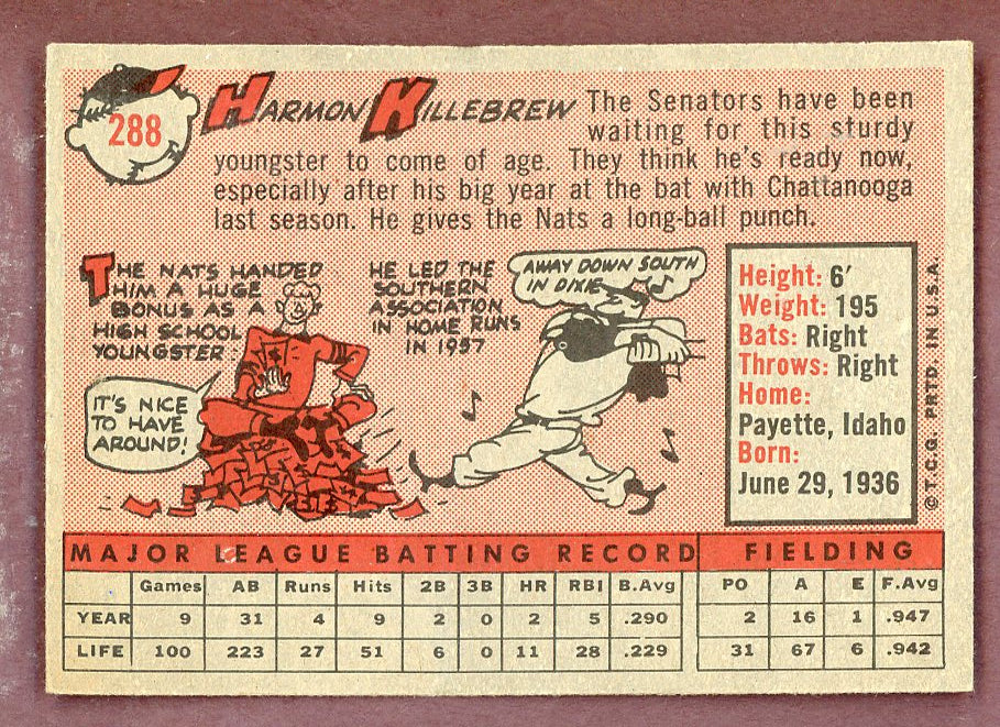 1958 Topps Baseball #288 Harmon Killebrew Senators EX-MT 564479