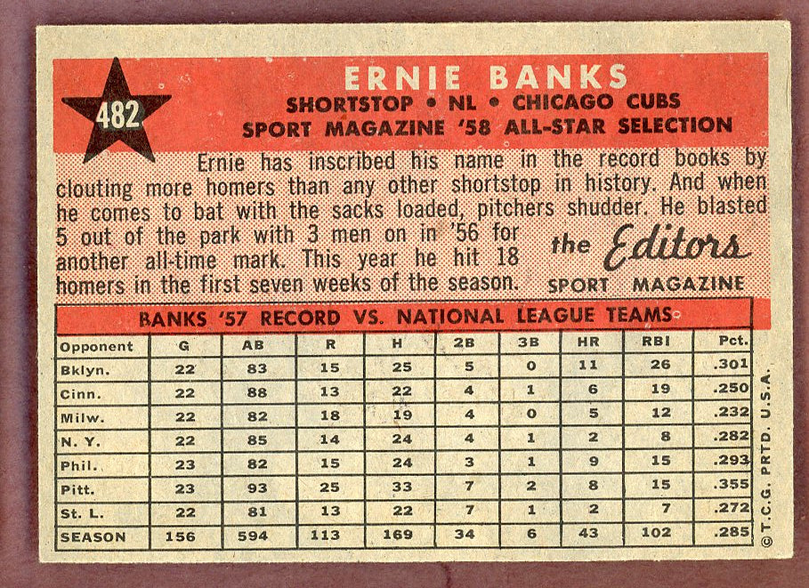 1958 Topps Baseball #482 Ernie Banks A.S. Cubs EX-MT 564492