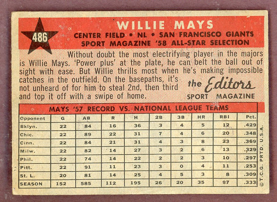 1958 Topps Baseball #486 Willie Mays A.S. Giants VG-EX 564495