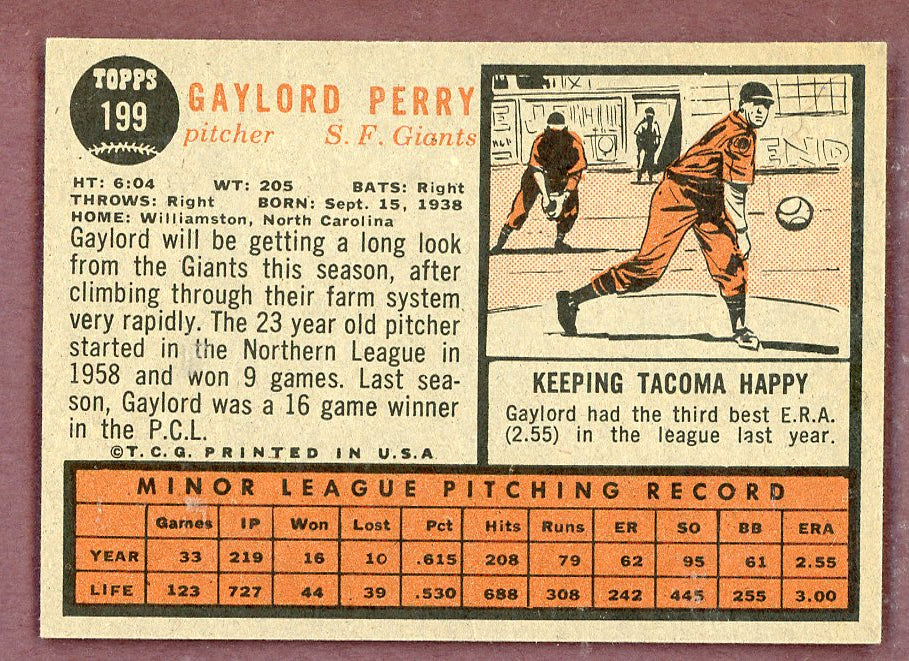 1962 Topps Baseball #199 Gaylord Perry Giants EX-MT 564567