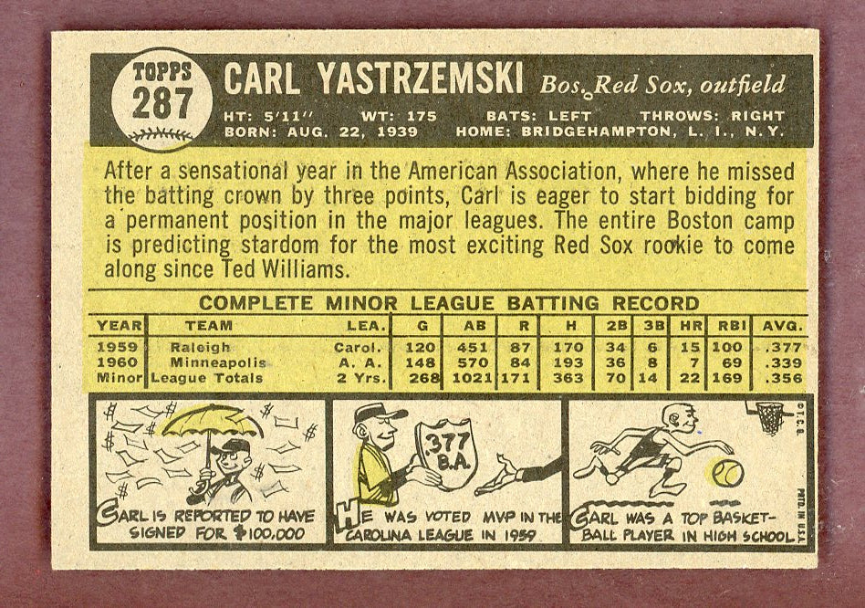 1961 Topps Baseball #287 Carl Yastrzemski Red Sox EX-MT 564578