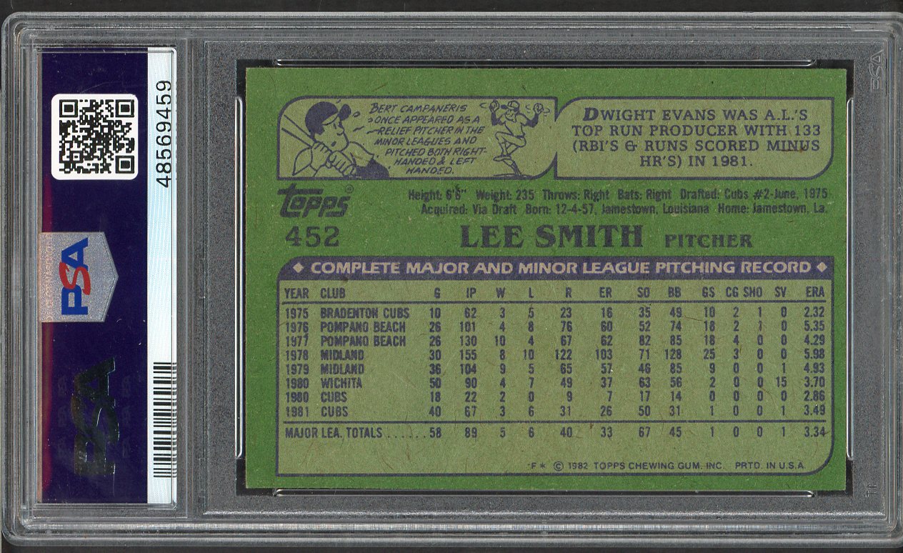 1982 Topps #452 Lee Smith Cubs PSA 9 MINT 564598