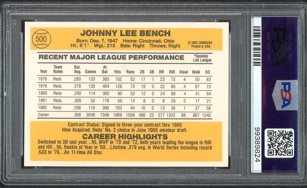 1983 Donruss #500 Johnny Bench Reds PSA 10 GEM MINT 564633