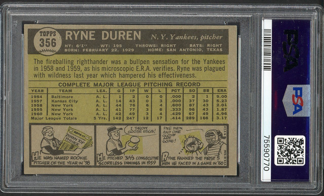 1961 Topps Baseball #356 Ryne Duren Yankees PSA 5 EX 564699