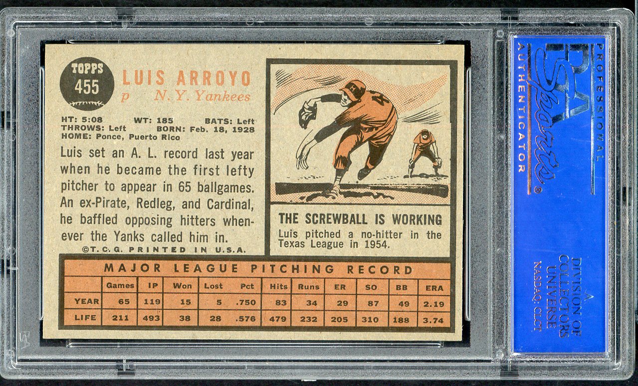 1962 Topps Baseball #455 Luis Arroyo Yankees PSA 8 NM/MT 564756