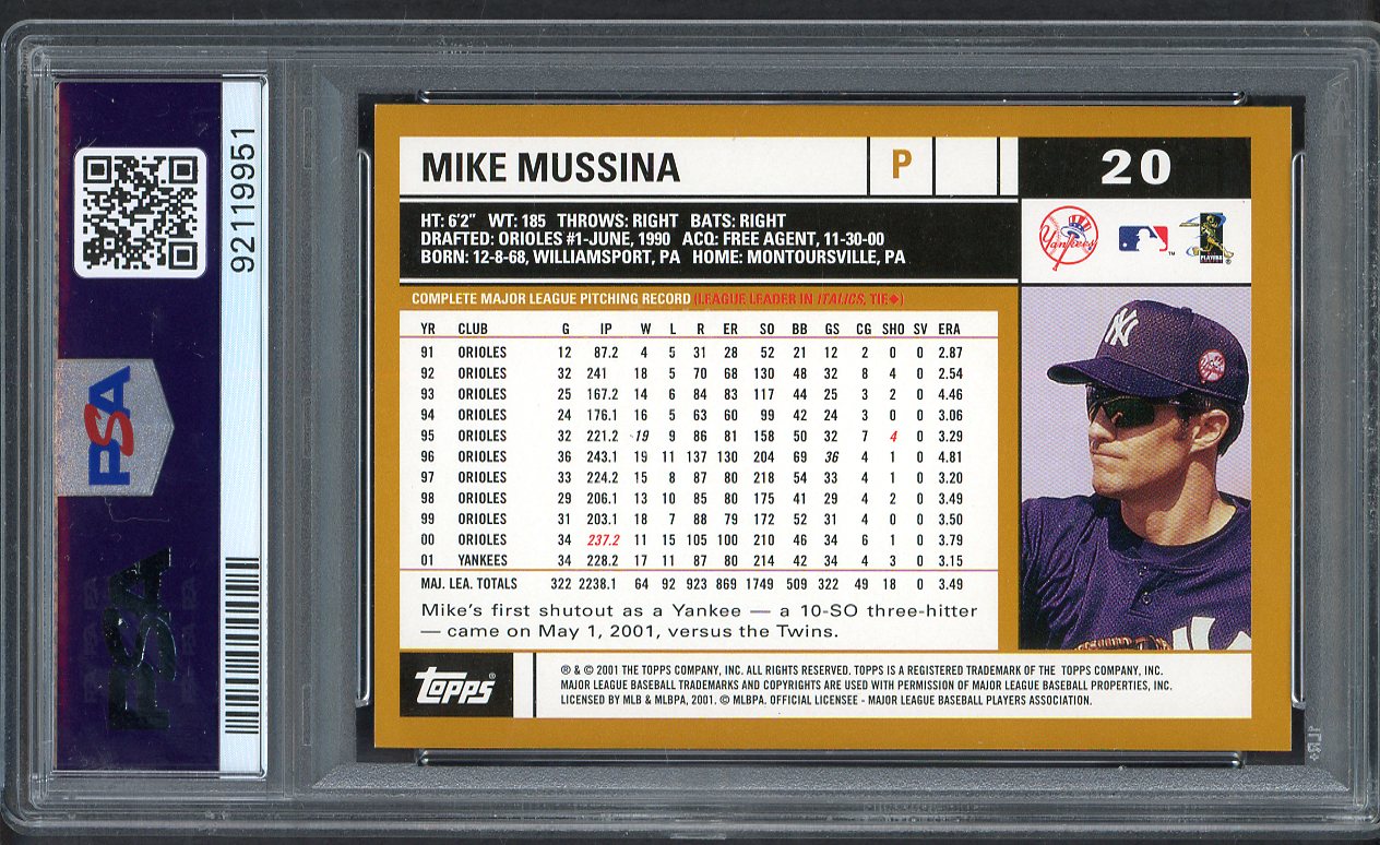 2002 Topps #020 Mike Mussina Yankees PSA 9 MINT 564762