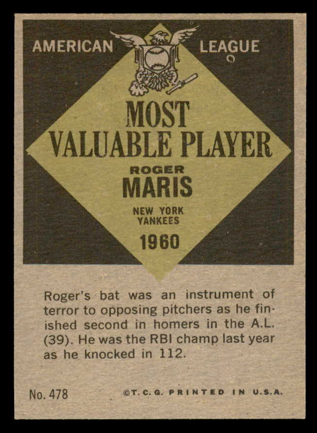 1961 Topps Baseball #478 Roger Maris MVP Yankees EX-MT 564876