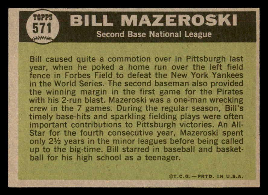 1961 Topps Baseball #571 Bill Mazeroski A.S. Pirates NR-MT 564882