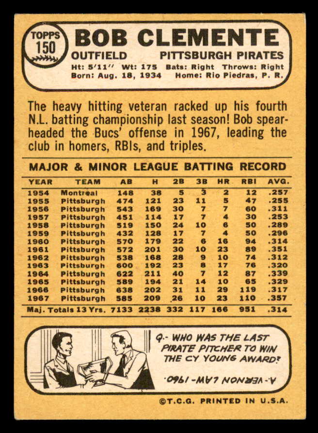 1968 Topps Baseball #150 Roberto Clemente Pirates EX-MT 564888