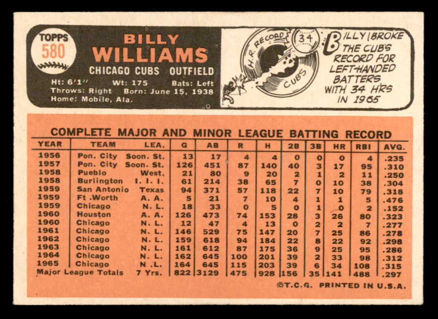 1966 Topps Baseball #580 Billy Williams Cubs EX-MT 564897