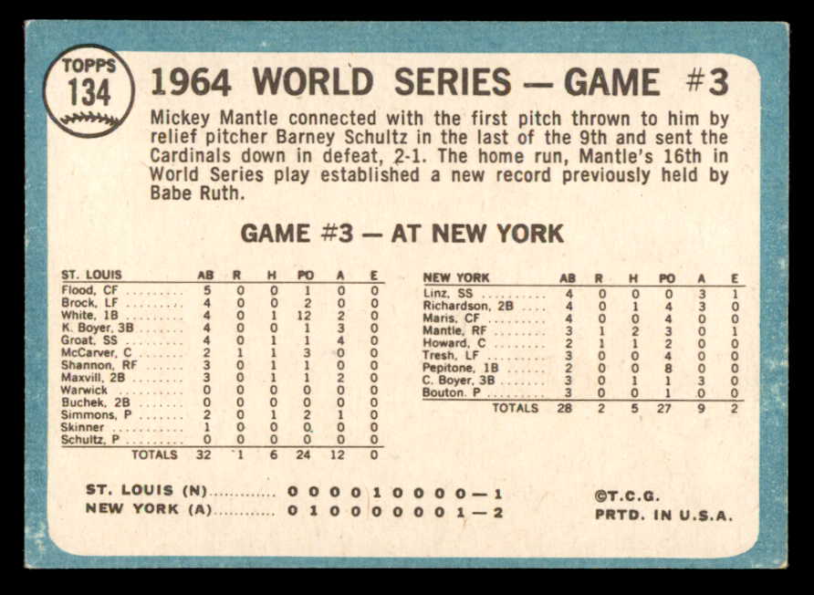 1965 Topps Baseball #134 World Series Game 3 Mickey Mantle EX-MT 564900