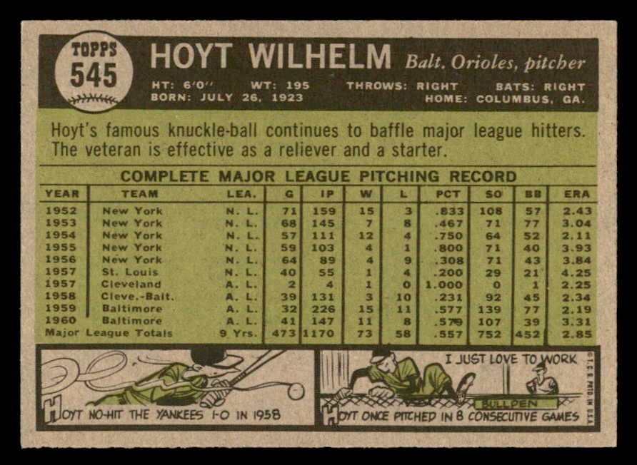 1961 Topps Baseball #545 Hoyt Wilhelm Orioles NR-MT 564919