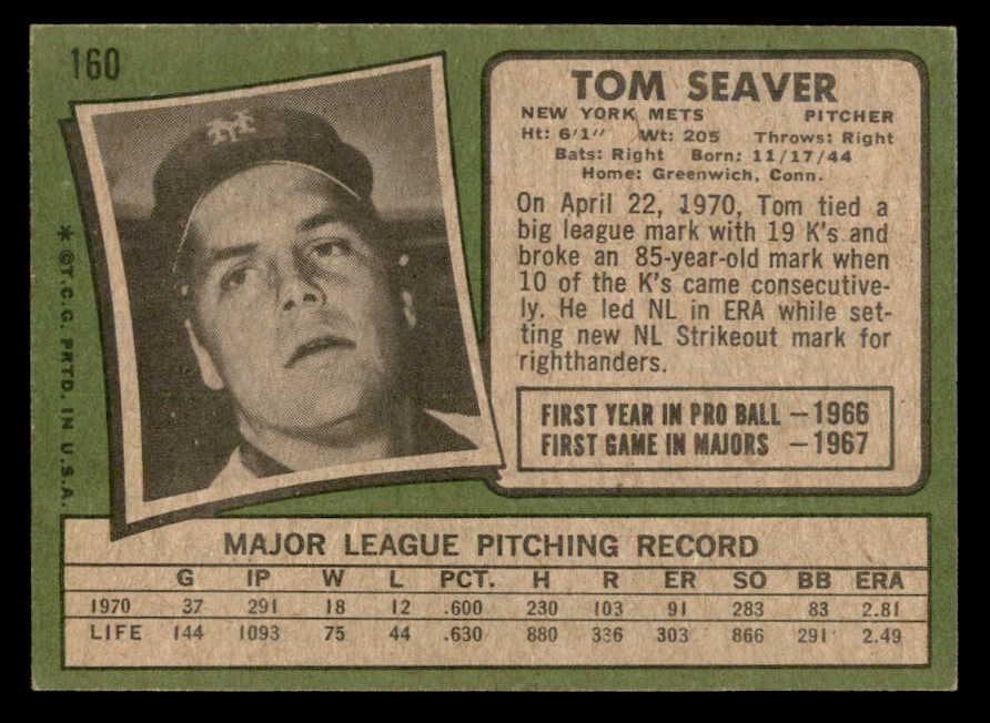 1971 Topps Baseball #160 Tom Seaver Mets EX-MT 564965