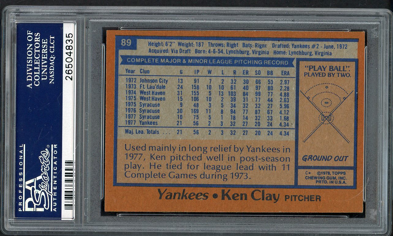 1978 Topps Baseball # 89 Ken Clay Yankees PSA 8 NM/MT 565013