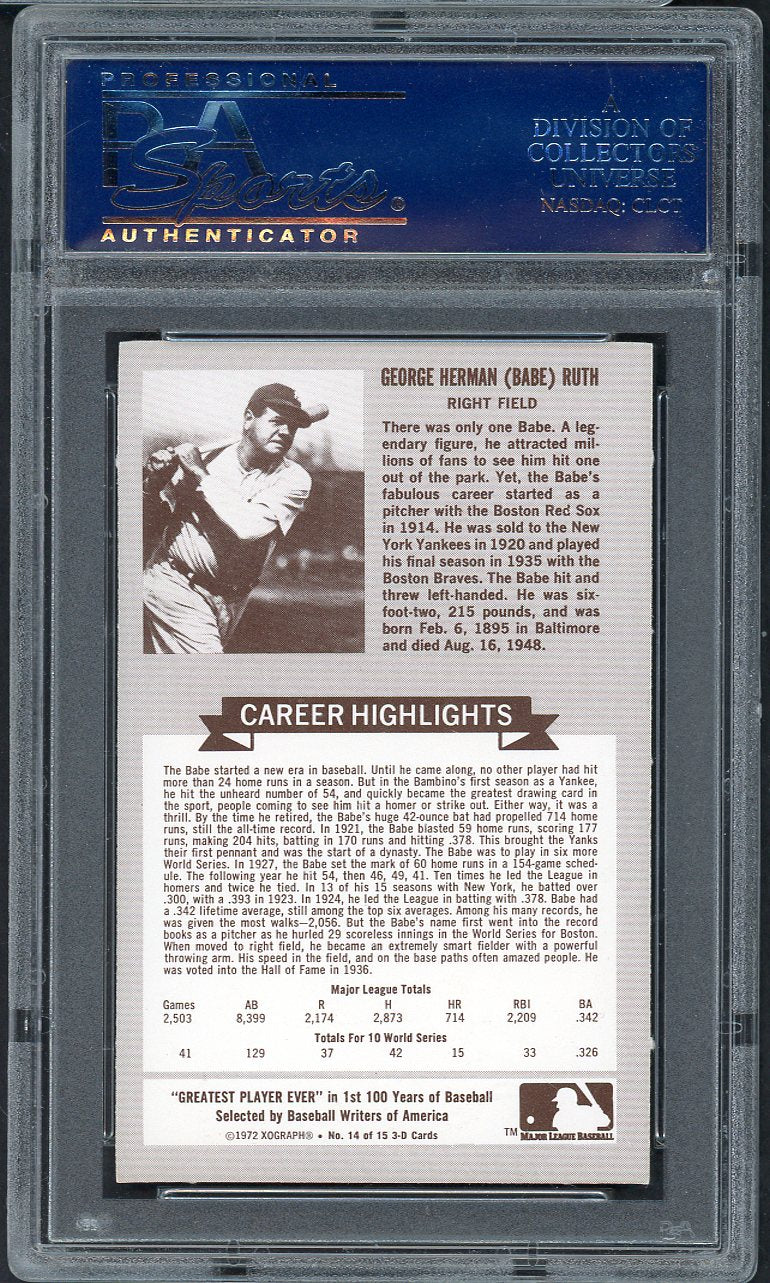 1972 Kelloggs ATG # 14 Babe Ruth Yankees PSA 9 MINT 565037