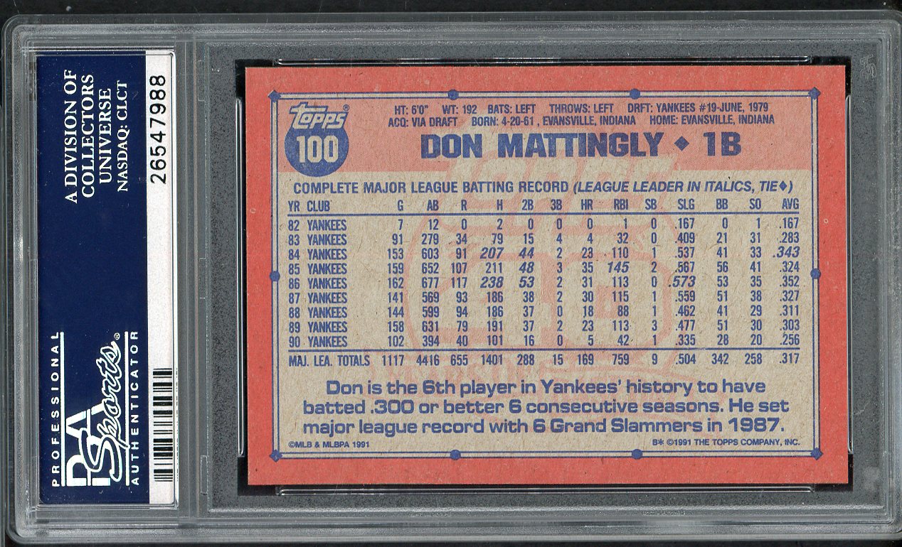 1991 Topps #100 Don Mattingly Yankees PSA 10 GEM MINT 565056