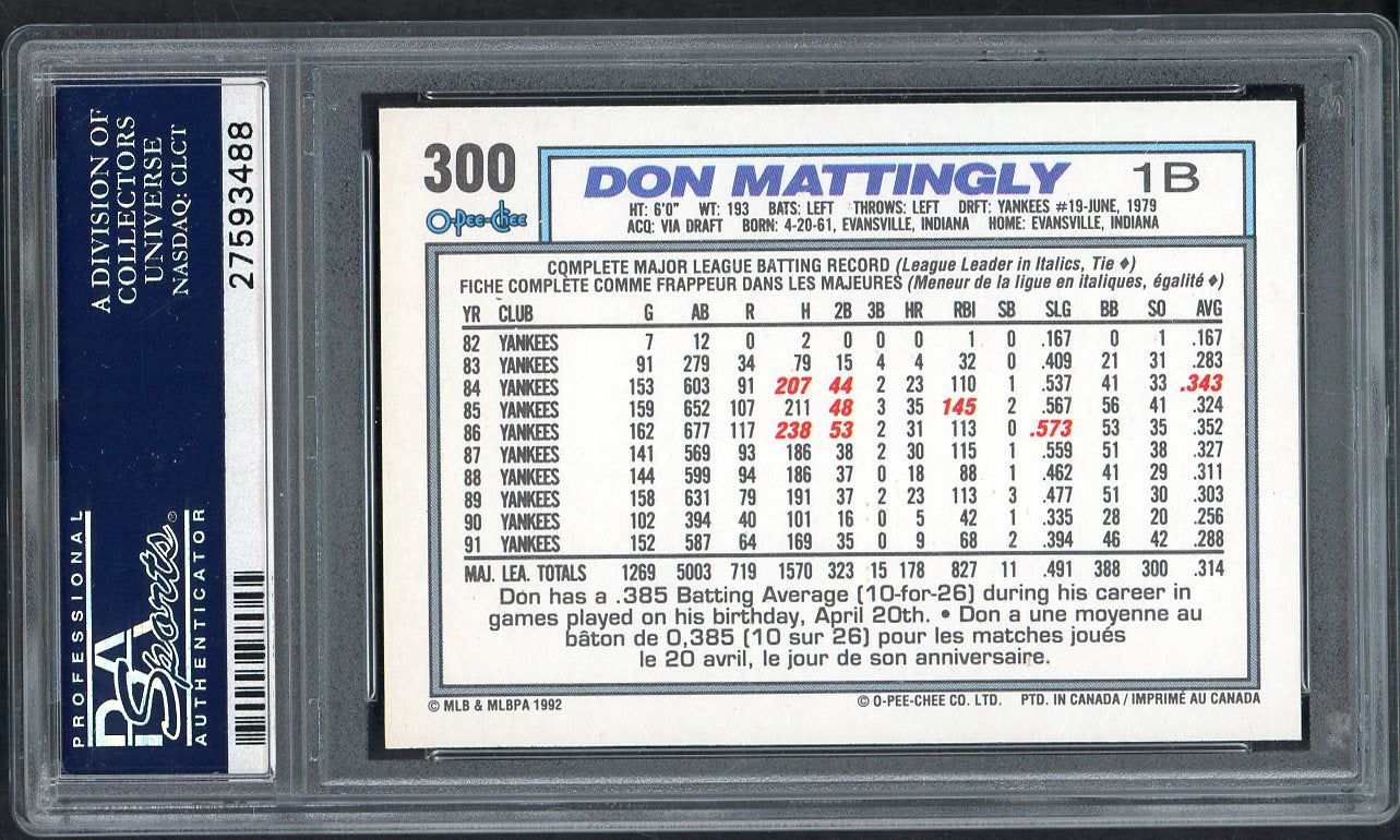 1992 O Pee Chee #300 Don Mattingly Yankees PSA 10 GEM MINT 565082