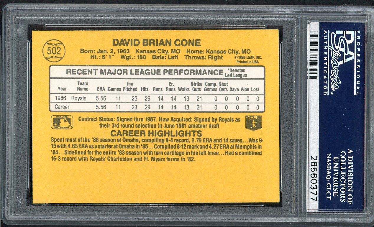 1987 Donruss #502 David Cone Royals PSA 10 GEM MINT 565083