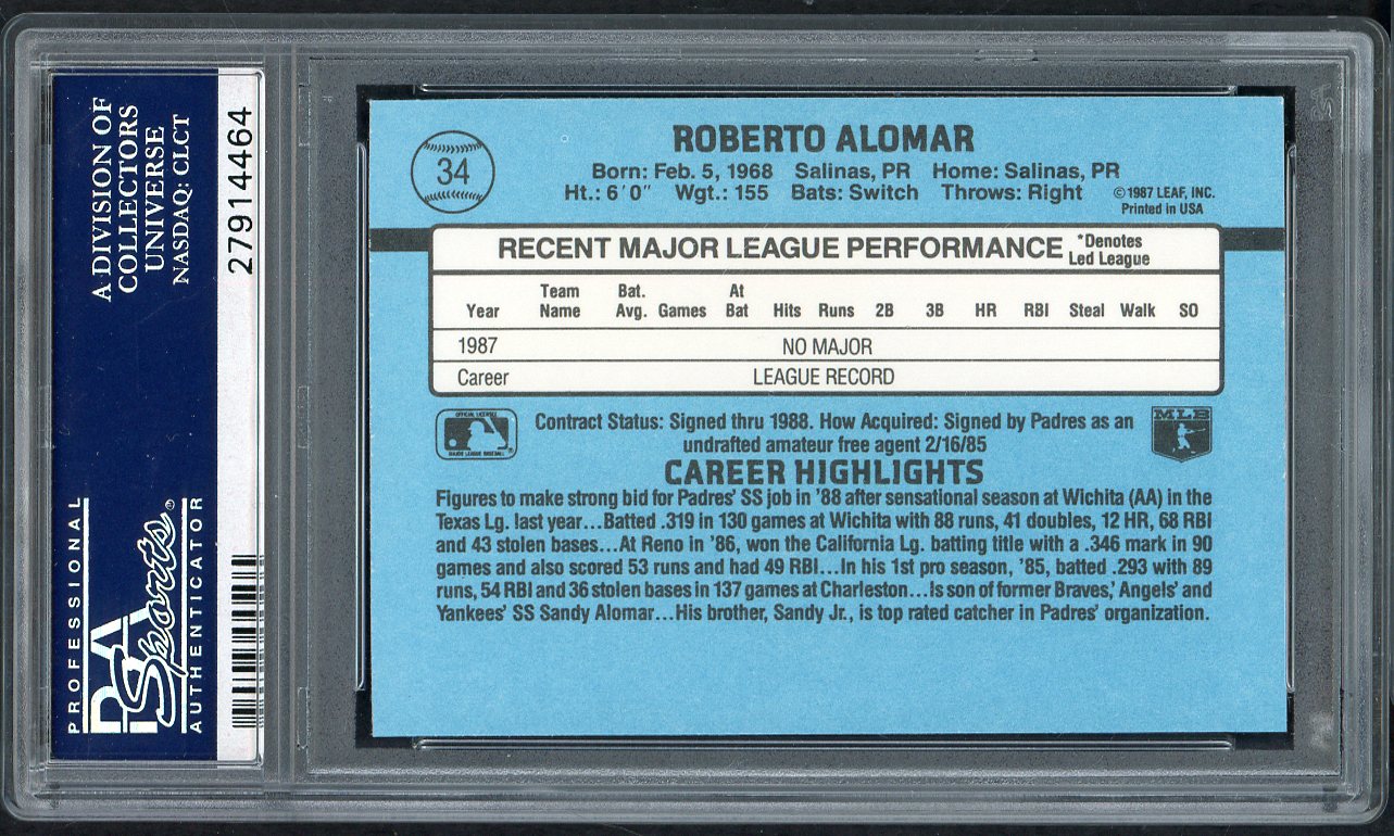 1988 Donruss # 34 Roberto Alomar Padres PSA 10 GEM MINT 565090