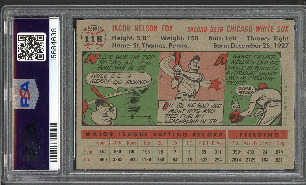 1956 Topps Baseball #118 Nellie Fox White Sox PSA 8 NM/MT Gray 565120