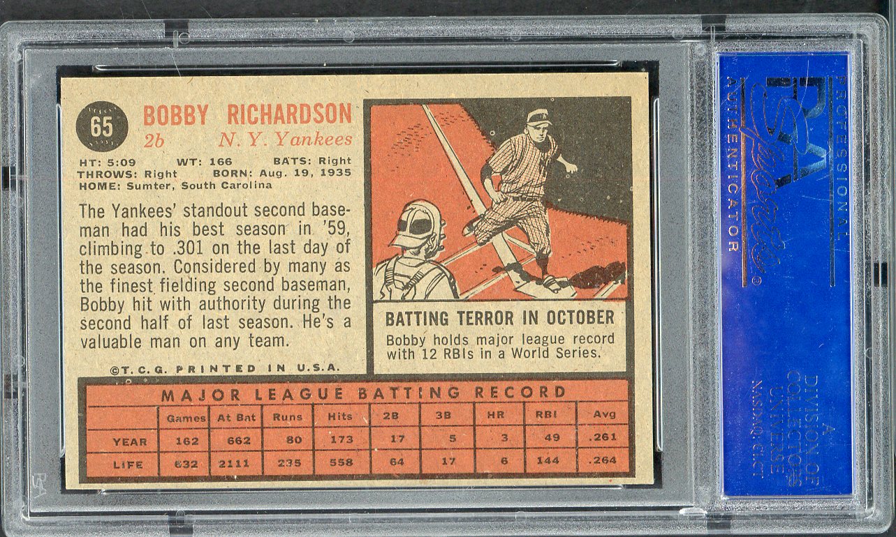 1962 Topps Baseball # 65 Bobby Richardson Yankees PSA 6 EX-MT 565130