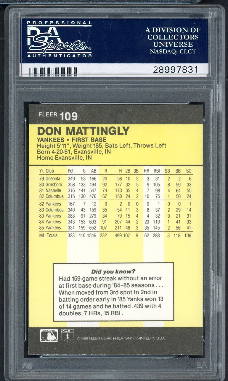 1986 Fleer #109 Don Mattingly Yankees PSA 10 GEM MINT 565134