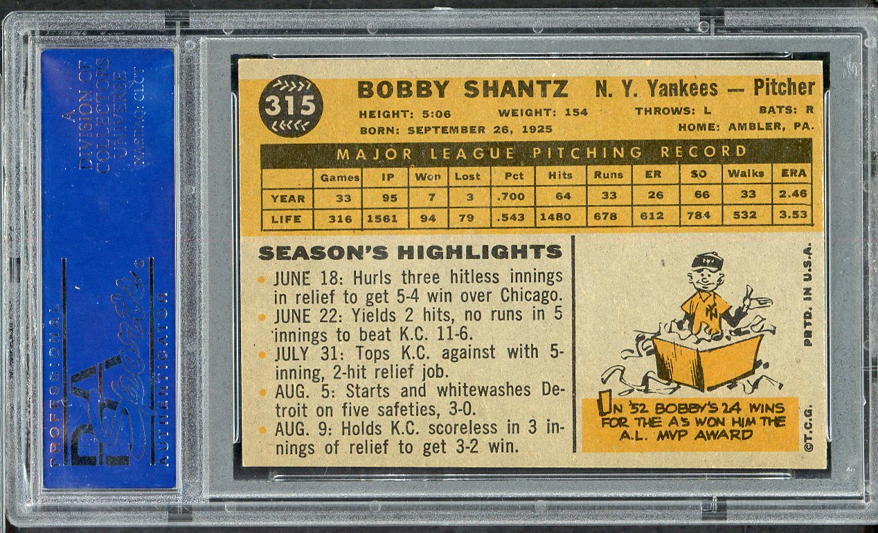 1960 Topps Baseball #315 Bobby Shantz Yankees PSA 7 NM oc 565136