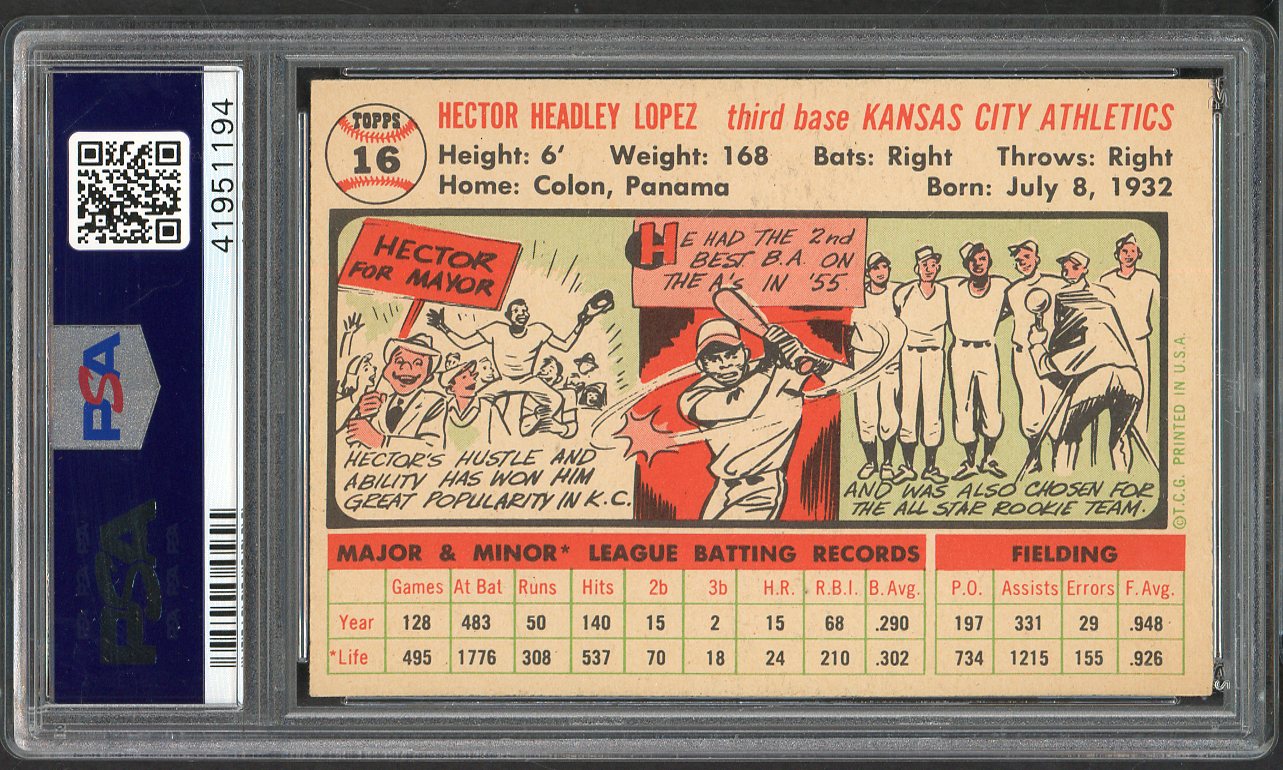 1956 Topps Baseball # 16 Hector Lopez A's PSA 8 NM/MT White 565166