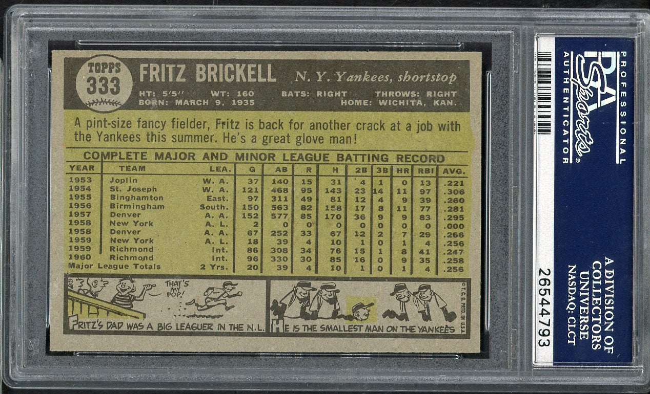 1961 Topps Baseball #333 Fritz Brickell Yankees PSA 9 MINT 565171