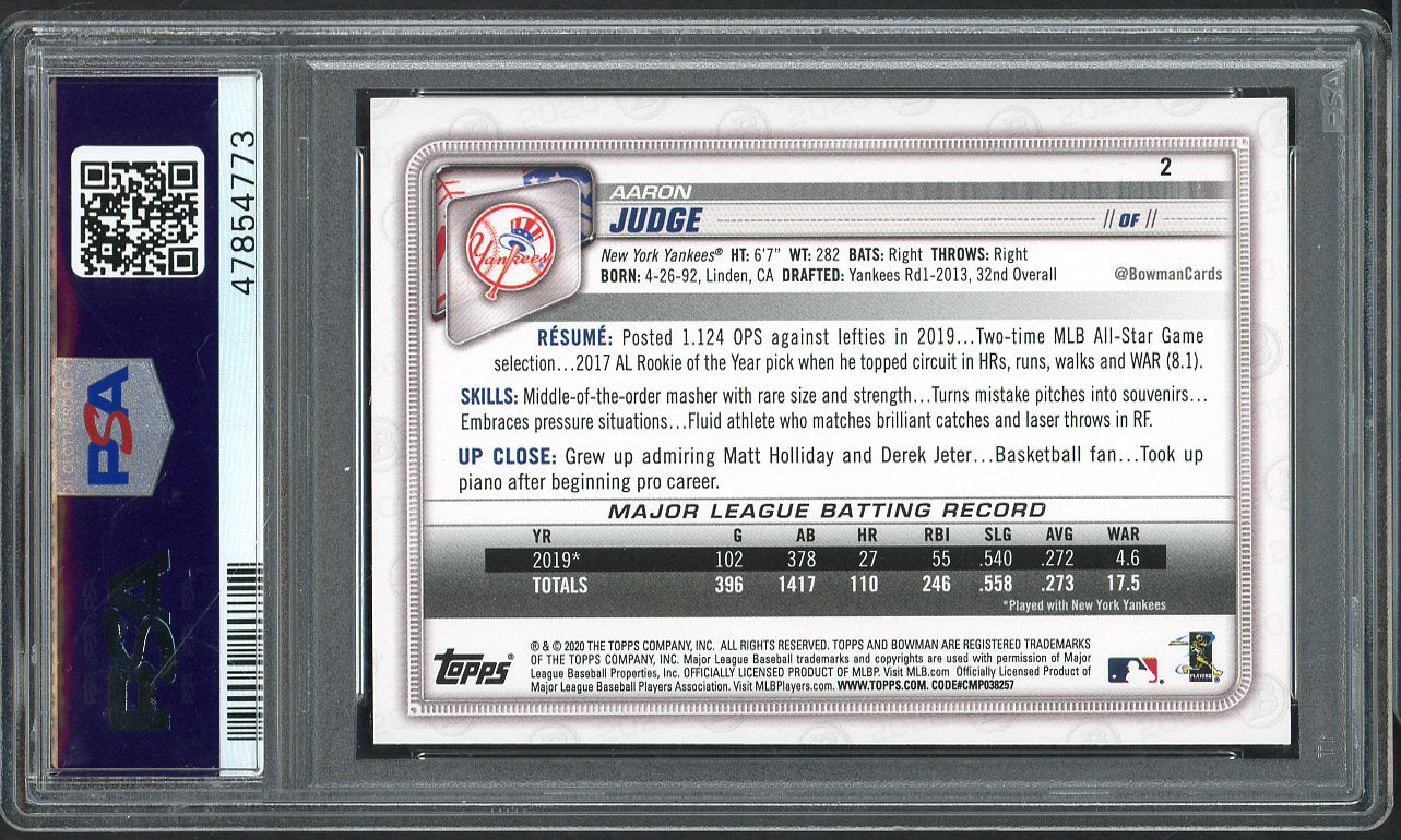 2020 Bowman # 2 Aaron Judge Yankees PSA 9 MINT 565181