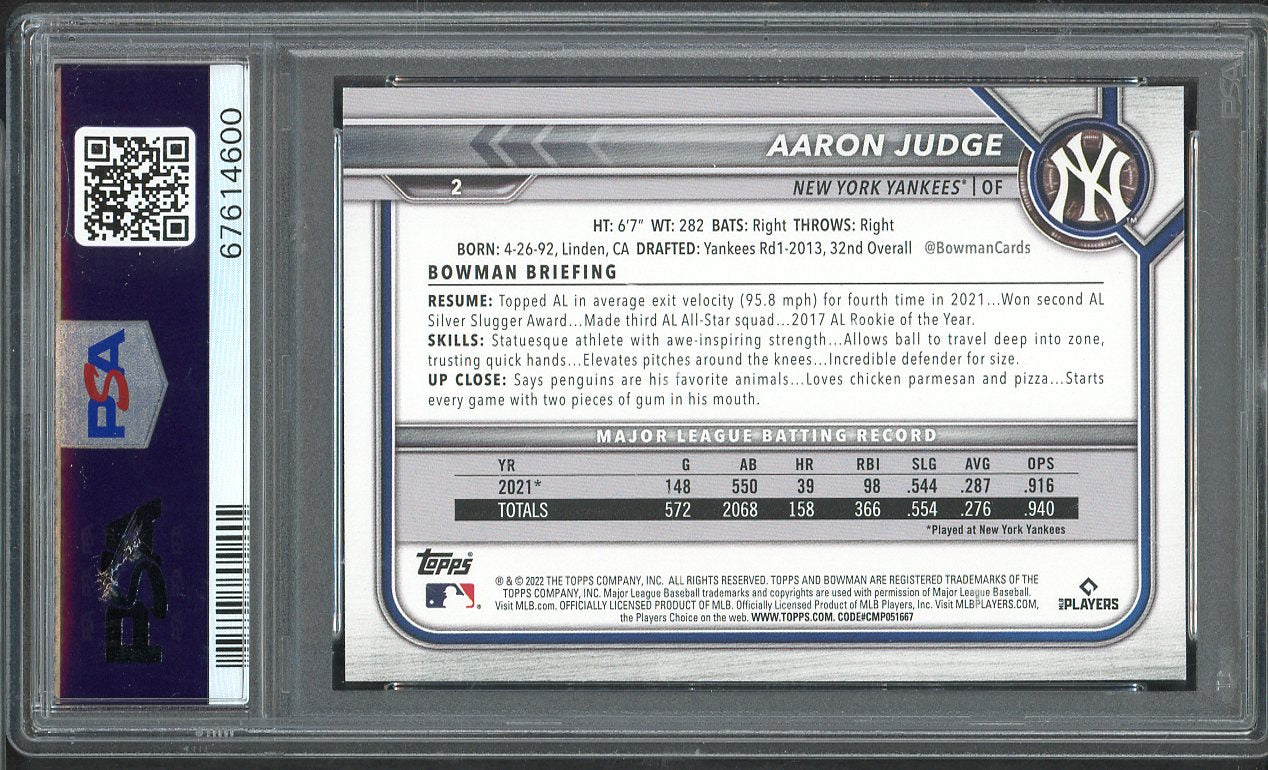 2022 Bowman # 2 Aaron Judge Yankees PSA 10 GEM MINT 565187