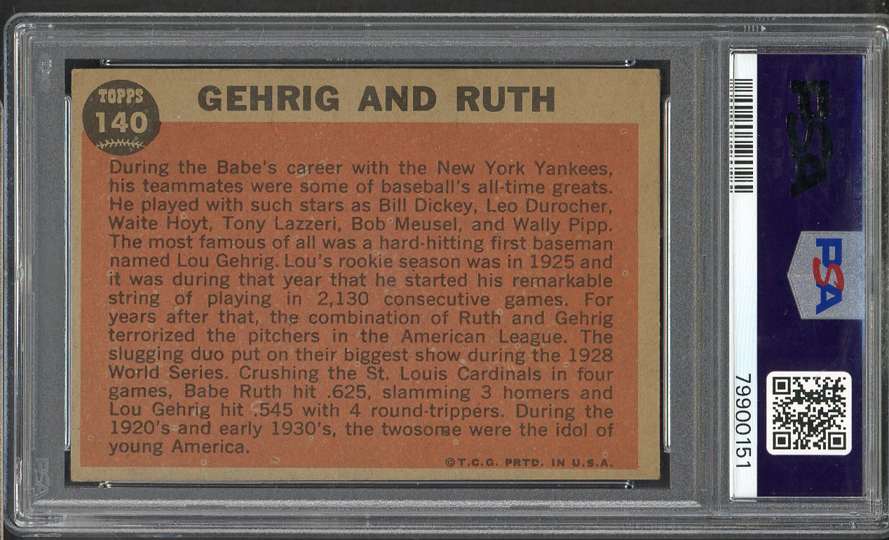 1962 Topps Baseball #140 Babe Ruth Lou Gehrig PSA 5 EX 565204