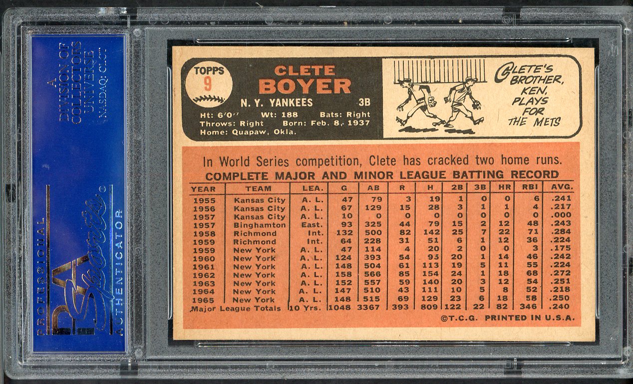 1966 Topps Baseball # 9 Clete Boyer Yankees PSA 8 NM/MT 565220