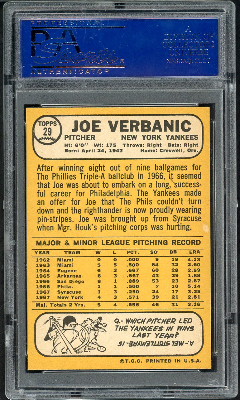 1968 Topps Baseball # 29 Joe Verbanic Yankees PSA 9 MINT 565250