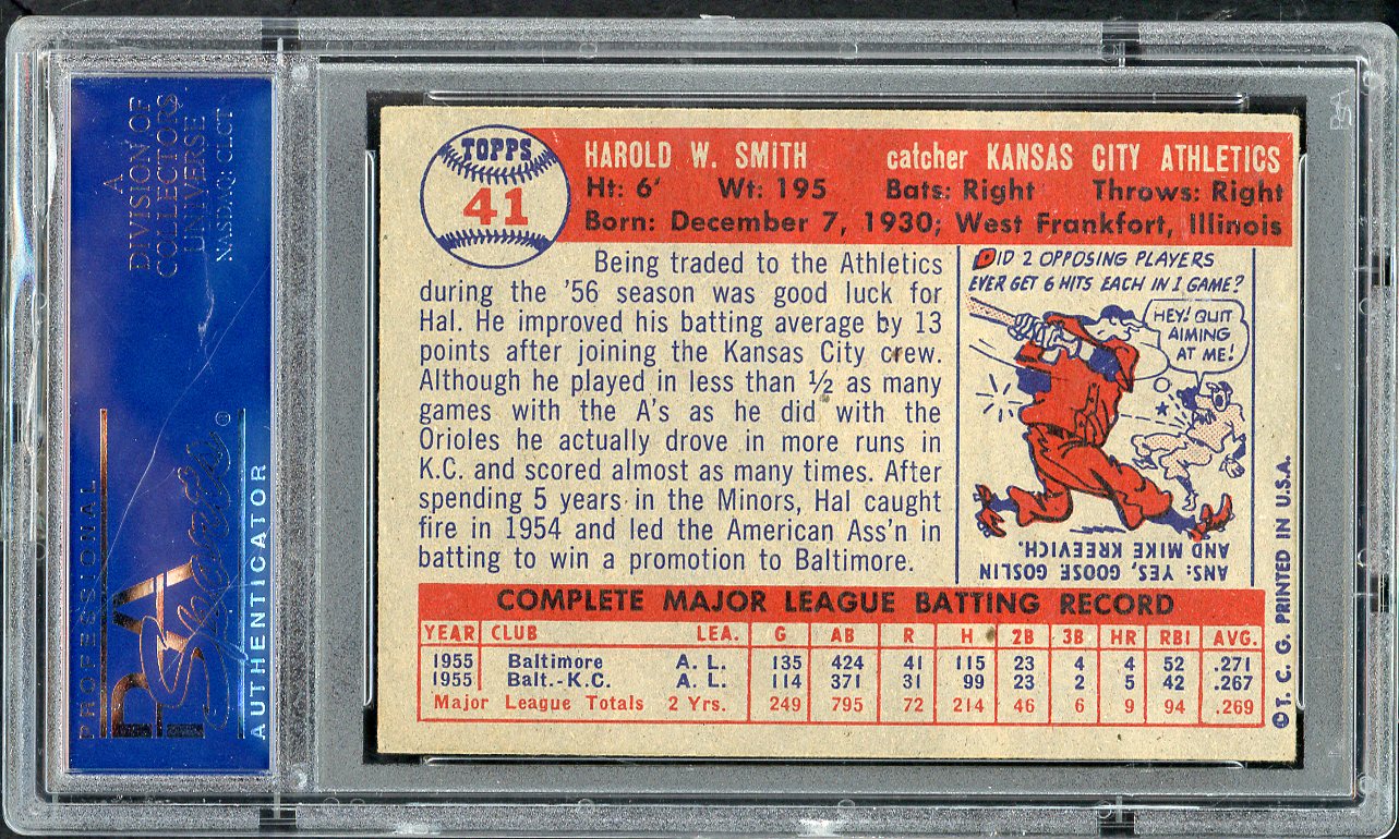 1957 Topps Baseball # 41 Hal Smith A's PSA 6 EX-MT 565253