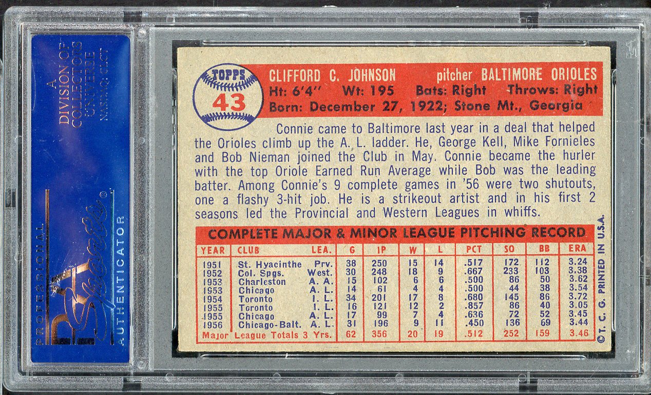 1957 Topps Baseball # 43 Connie Johnson Orioles PSA 6 EX-MT 565255