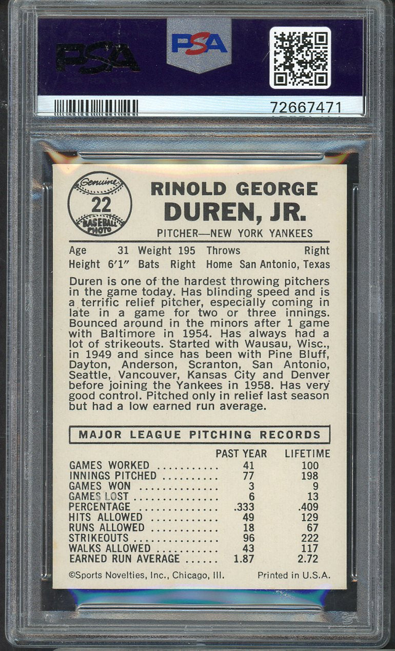 1960 Leaf Baseball # 22 Ryne Duren Yankees PSA 8 NM/MT 565263