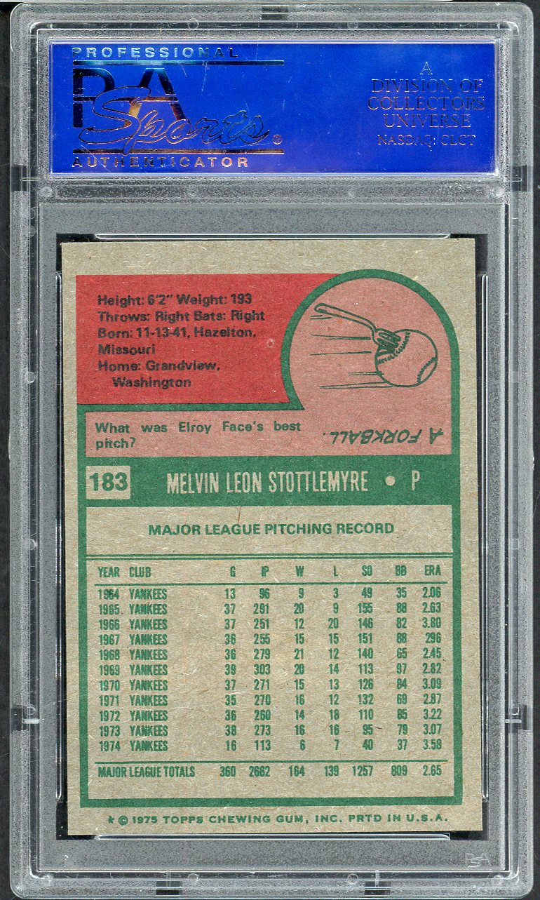 1975 Topps Baseball #183 Mel Stottlemyre Yankees PSA 7 NM 565266