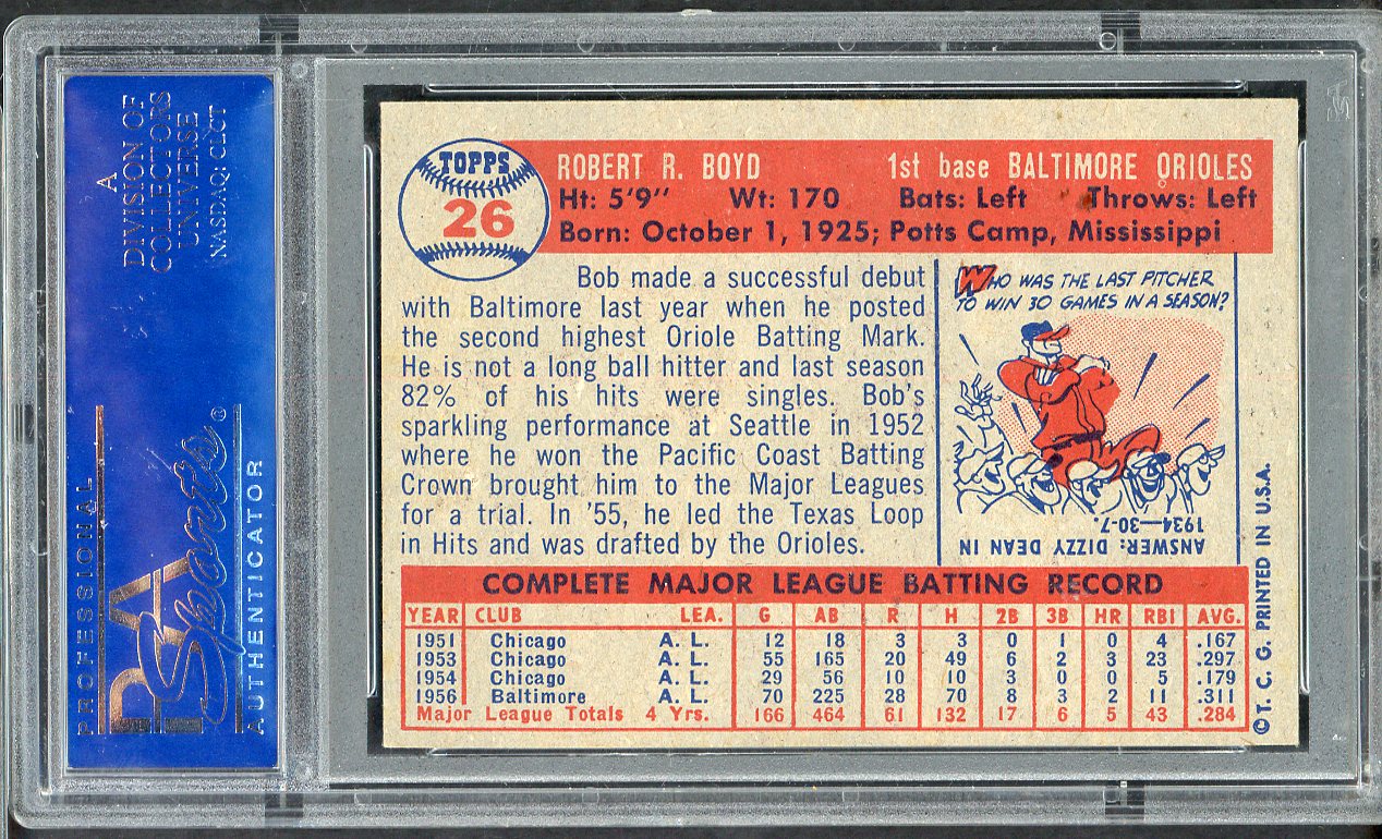 1957 Topps Baseball # 26 Bob Boyd Orioles PSA 8 NM/MT oc 565272